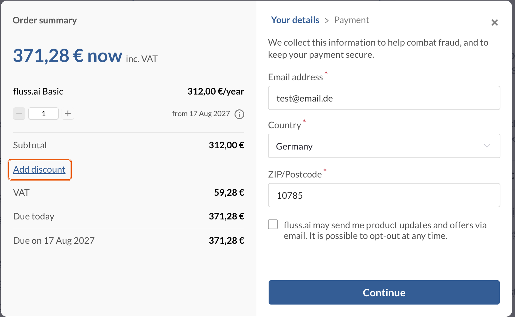 The "Add discount" link in the order summary, directly below the subtotal