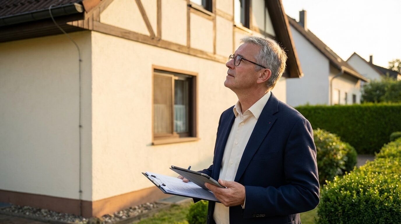 Split-Screen – Finanzamt-Gebäude links, Gutachter vor Haus rechts